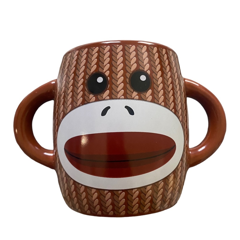 Galerie Sock Monkey Ceramic Coffee Cup Mug 16 oz  Double Handle